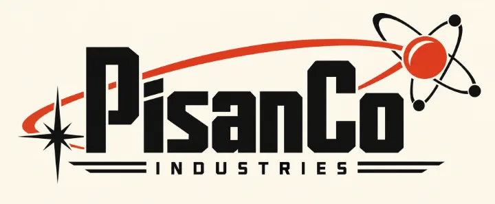 PisanCo Industries special edition logo: the wordmark with an atom, an orbit and a star, on cream